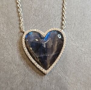 Labradorite heart with white zircon halo set in 925 Sterling silver necklace.